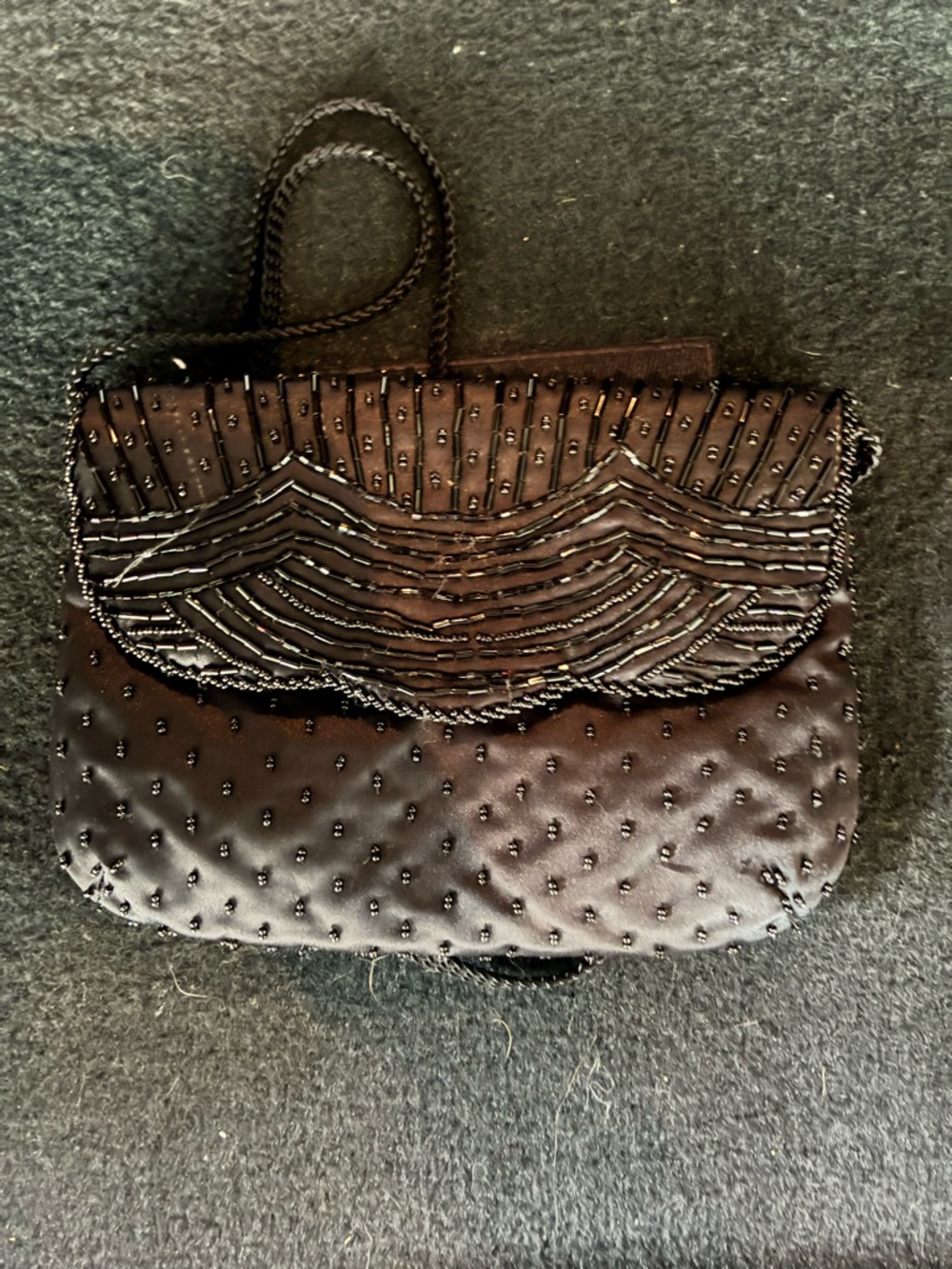 Vintage La Regale Black Beaded Evening Clutch with Braided Strap